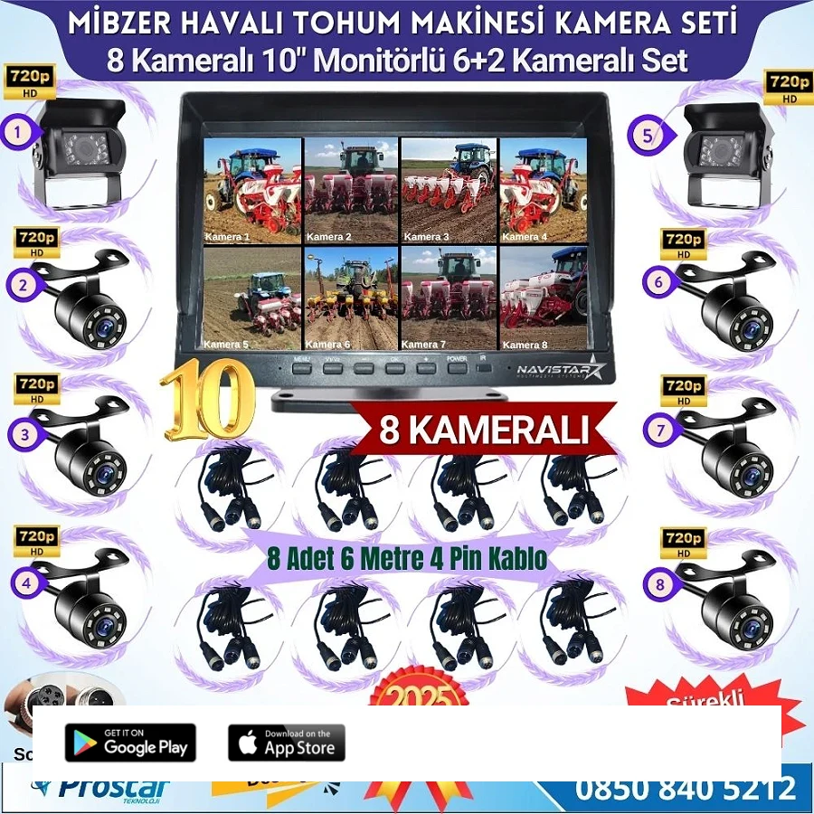 Mibzer için 8 Kameralı 10 inç Sekize Bölen Monitör 2 Büyük Kameralı Kayıtlı 256 Gb Sd Kart Destekli