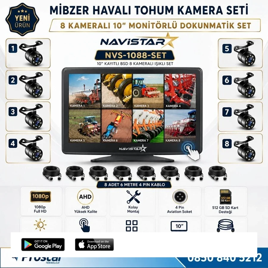 8 Kameralı 10 inç Dokunmatik Mibzer Tohum Seti AHD Işıklı Kameralı Tak Kullan Set