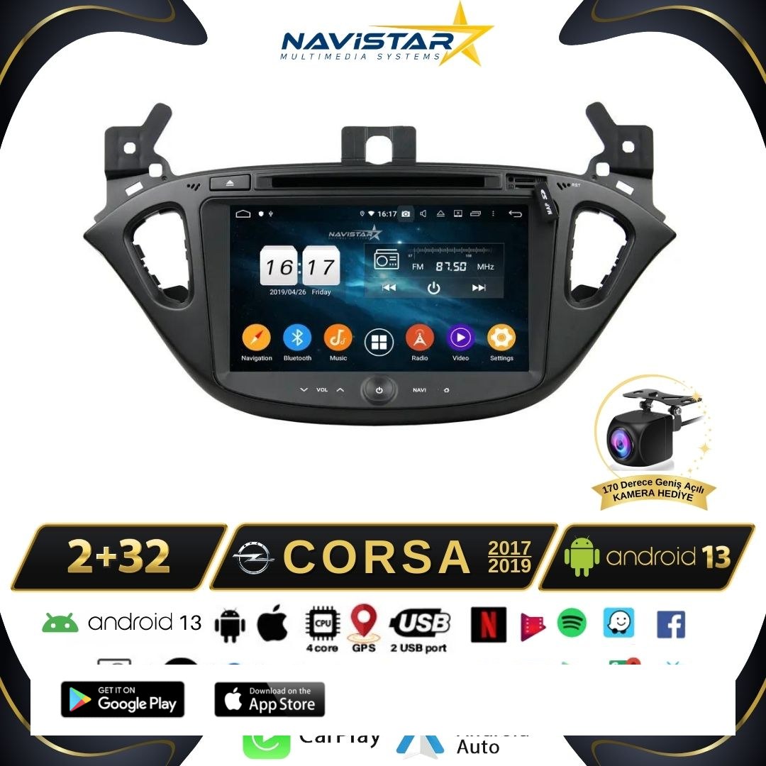 Opel Corsa 2017-2019 Model 2+64GB Android 13 Kablosuz Carplay Navigasyon Multimedya Sistemi