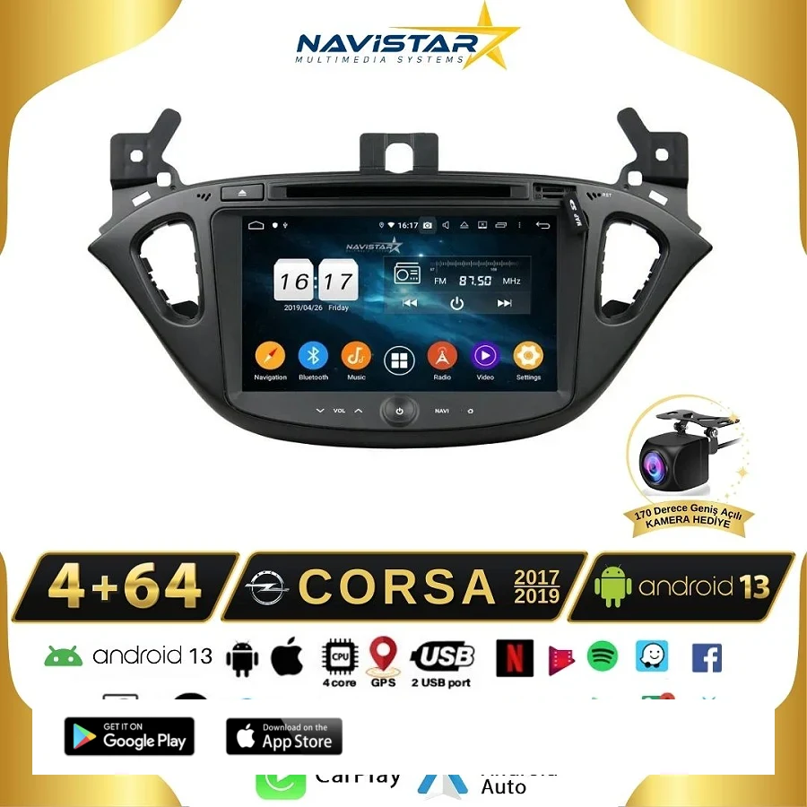 Opel Corsa 2017-2019 Model 4+64 GB Android 13 Kablosuz Carplay Navigasyon Multimedya Sistemi