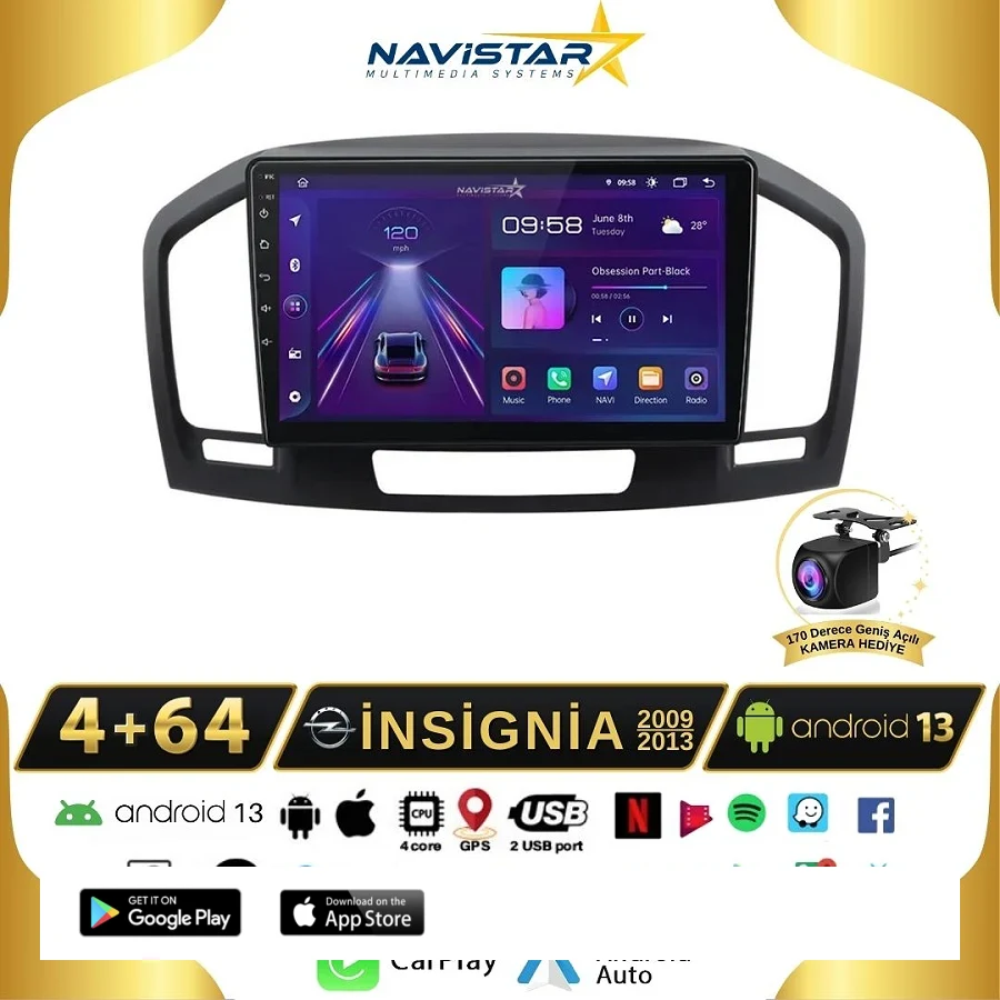 Opel İnsignia 2009-2013 Model 4+64 GB Android 13 Kablosuz Carplay Navigasyon Multimedya Sistemi