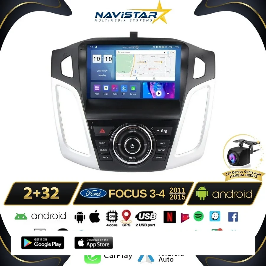Ford Focus 34 2+64GB Kablosuz Carplay 2011-2015 Android 13 Navigasyon Multimedya Sistemi