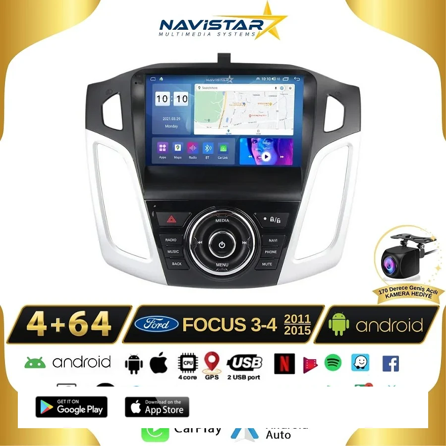 Ford Focus 34 Kablosuz Carplay 4GB + 64GB Android 13 2011-2015 Navigasyon Multimedya Sistemi