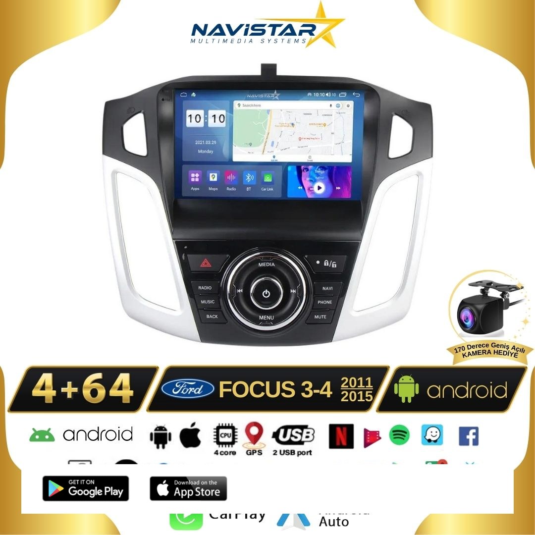 Ford Focus 34 Kablosuz Carplay 4GB + 64GB Android 13 2011-2015 Navigasyon Multimedya Sistemi