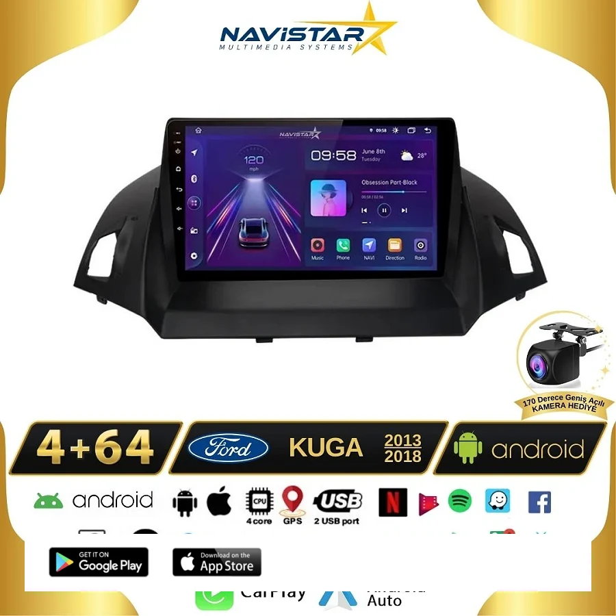 Ford Kuga 4GB + 64GB Android 13 Kablosuz Carplay 2013-2018 Navigasyon Multimedya Sistemi