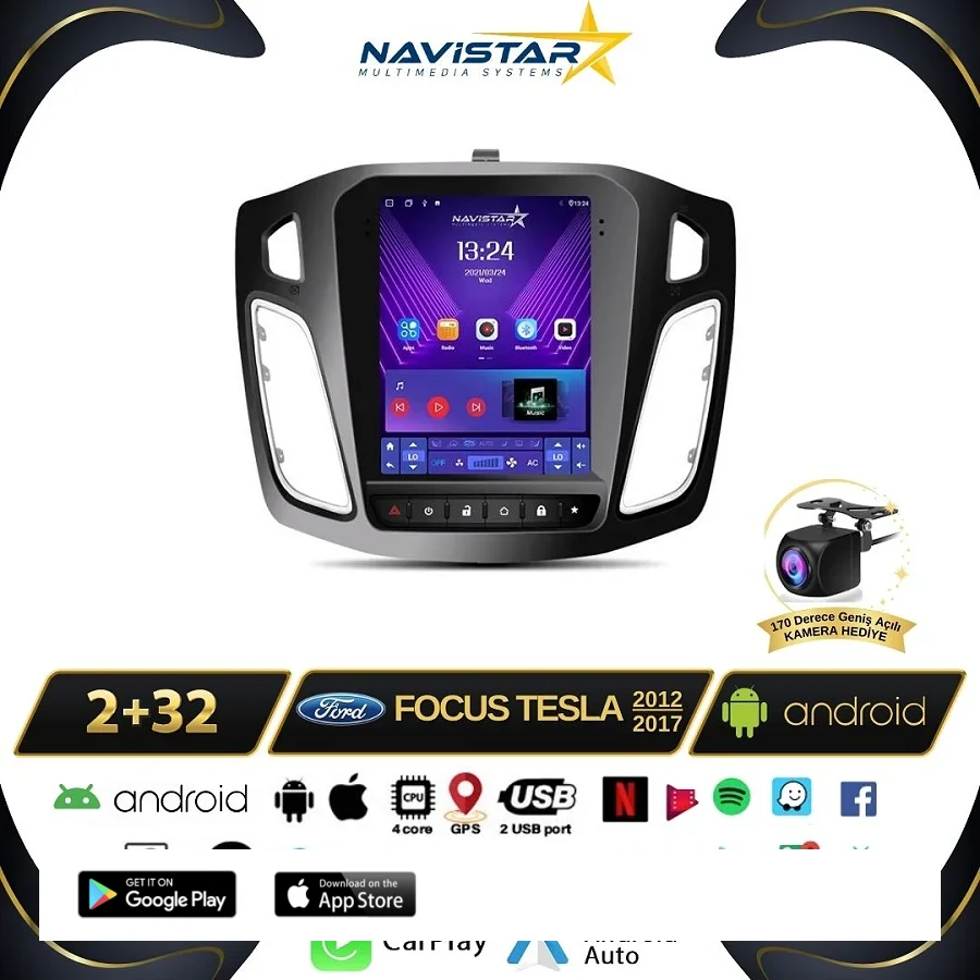 Ford Focus 2012-2018 Tesla Model 2GB + 32GB Kablosuz Carplay Navigasyon Multimedya Sistemi