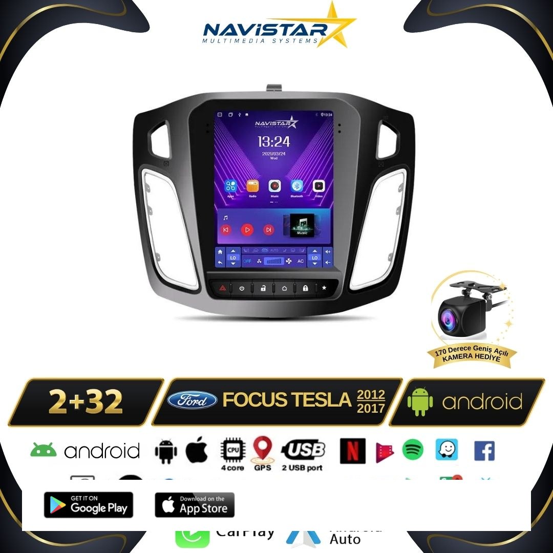 Ford Focus 2012-2018 Tesla Model 2GB + 32GB Kablosuz Carplay Navigasyon Multimedya Sistemi