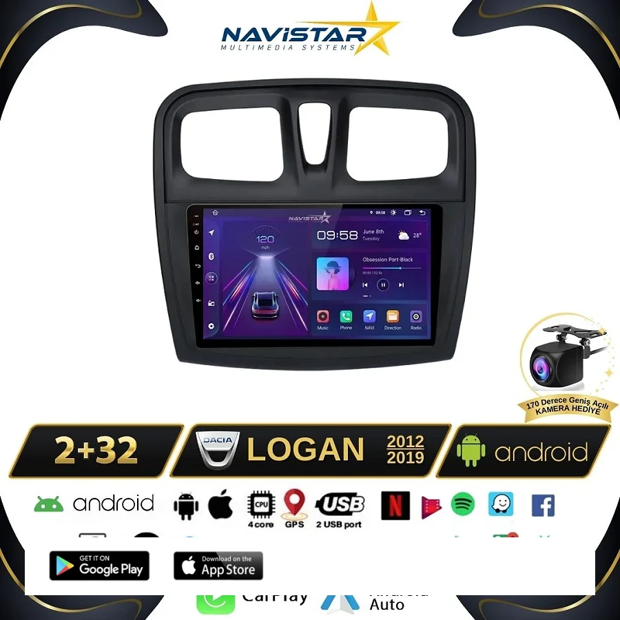 Dacia Logan 2012-2019 Model 2+64GB Android 13 Kablosuz Carplay Navigasyon Multimedya Sistemi