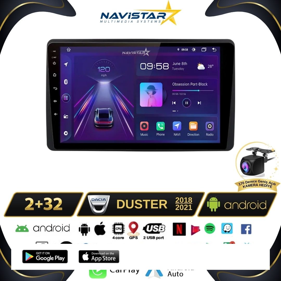 Dacia Duster 2018-2021 Model 2GB + 64GB Android 13 Kablosuz Carplay Navigasyon Multimedya Sistemi