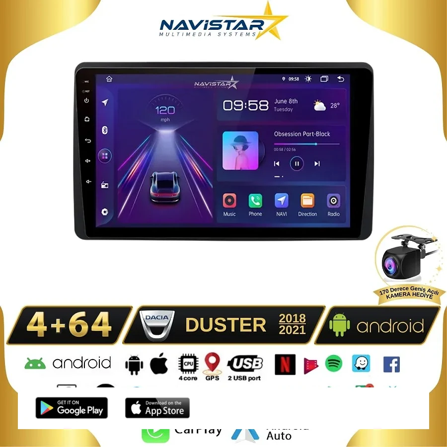 Dacia Duster 2018-2021 Model 4GB + 64GB Android 13 Kablosuz Carplay Navigasyon Multimedya Sistemi