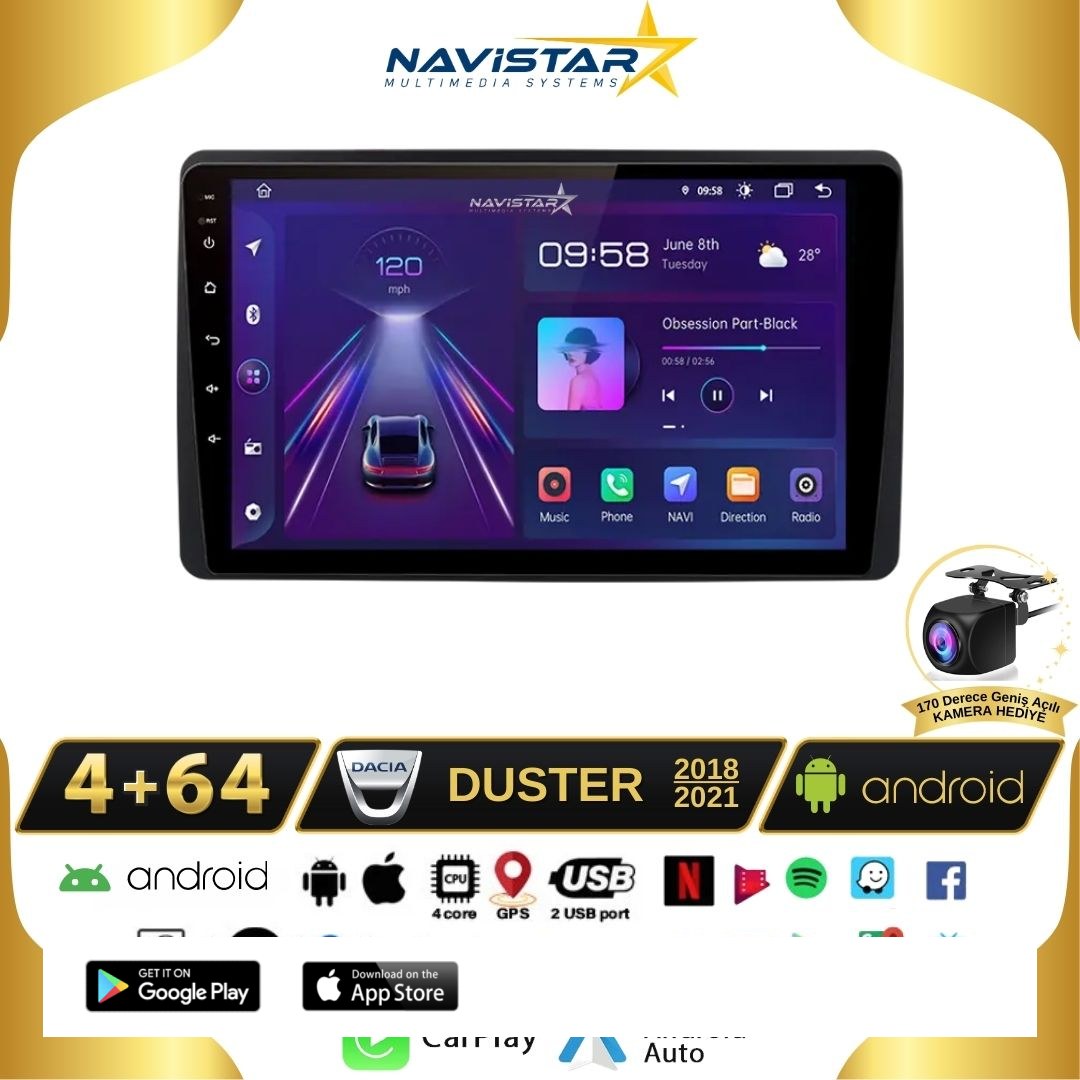 Dacia Duster 2018-2021 Model 4GB + 64GB Android 13 Kablosuz Carplay Navigasyon Multimedya Sistemi