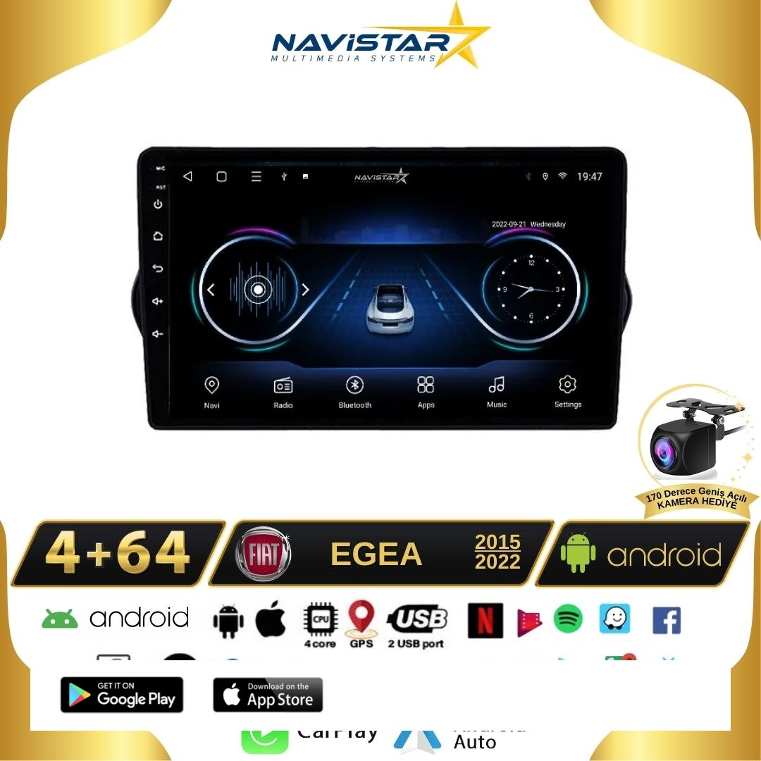 Fiat Egea 4GB + 64GB Kablosuz Carplay 2015-2022 Android 13 Navigasyon Multimedya Sistemi