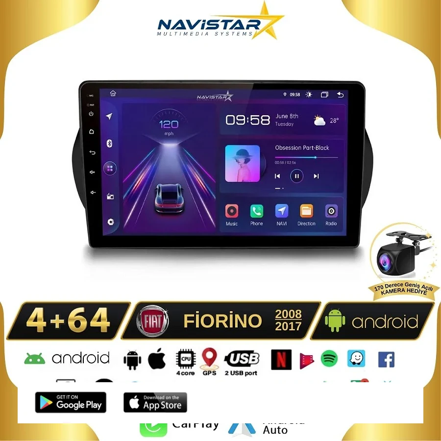 Fiat Fiorino 4GB + 64GB Kablosuz Carplay 2008-2017 Android 13 Navigasyon Multimedya Sistemi