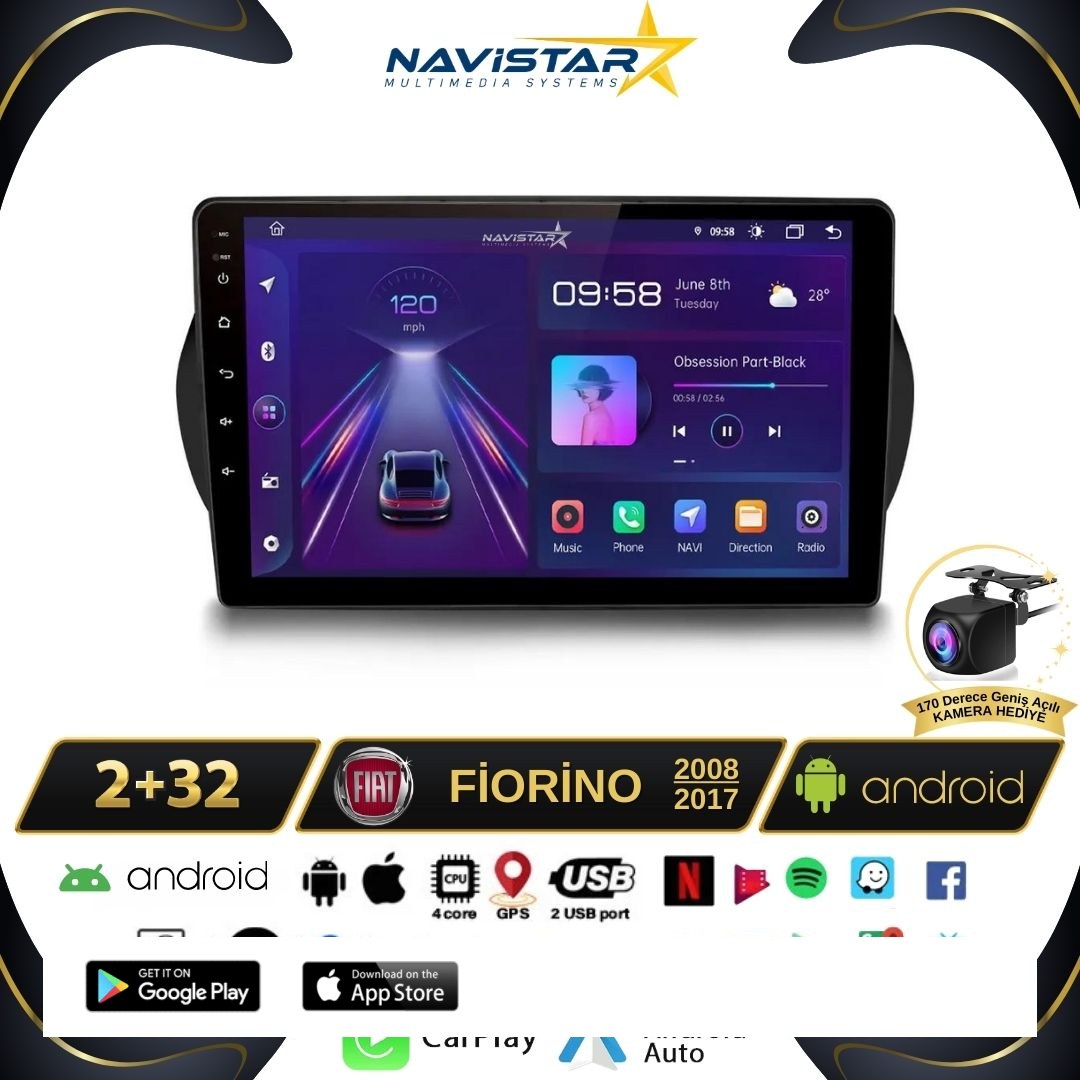 Fiat Fiorino 2+64GB Kablosuz Carplay 2008-2017 Android 13 Navigasyon Multimedya Sistemi