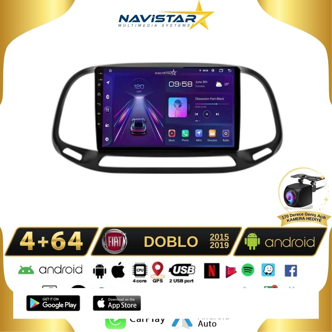 Fiat Doblo 2015-2019 Model 4GB + 64GB Android 13 Kablosuz Carplay Navigasyon Multimedya Sistemi