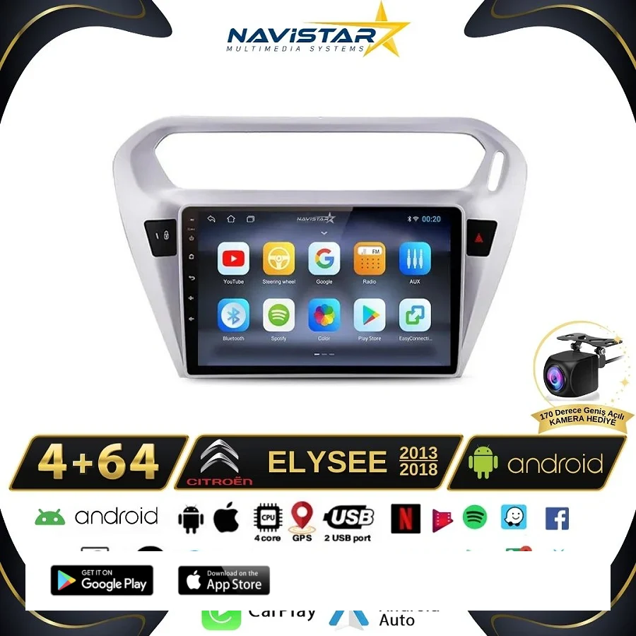 Citroen Elysee 2+64GB Kablosuz Carplay 2013-2018 Android 13 Navigasyon Multimedya Sistemi