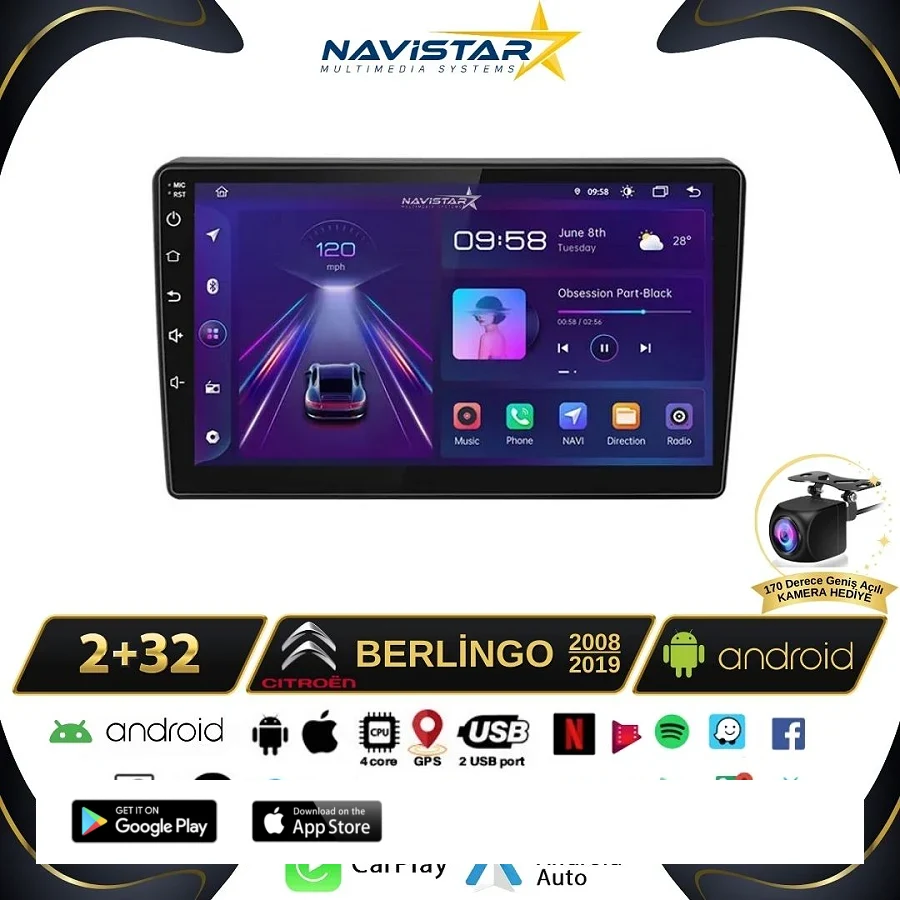 Citroen Berlingo 2008-2019 Model 2GB + 64GB Android 13 Kablosuz Carplay Navigasyon Multimedya Sistemi