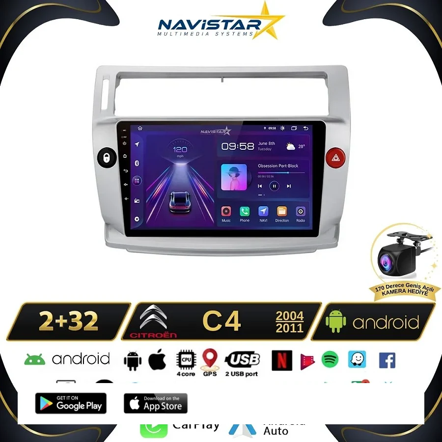 Citroen C4  2004-2011 Model 2GB + 64GB Android 13 Kablosuz Carplay Navigasyon Multimedya Sistemi