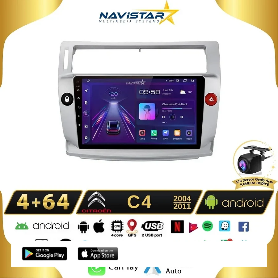 Citroen C4  2004-2011 Model 4GB + 64GB Android 13 Kablosuz Carplay Navigasyon Multimedya Sistemi