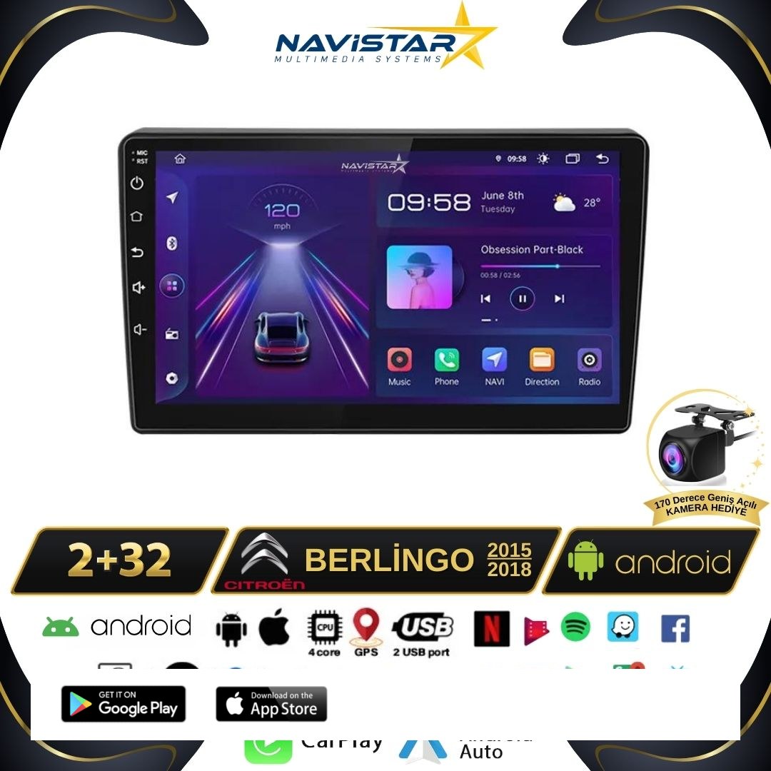 Citroen Berlingo 2015-2018 Model 2GB + 64GB Android 13 Kablosuz Carplay Navigasyon Multimedya Sistemi
