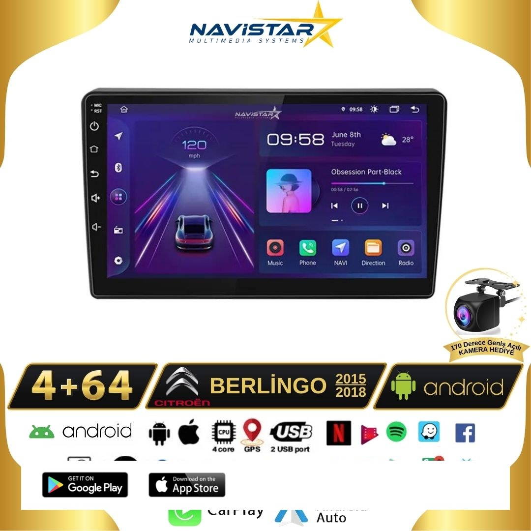 Citroen Berlingo 2015-2018 Model 4GB + 64GB Android 13 Kablosuz Carplay Navigasyon Multimedya Sistemi