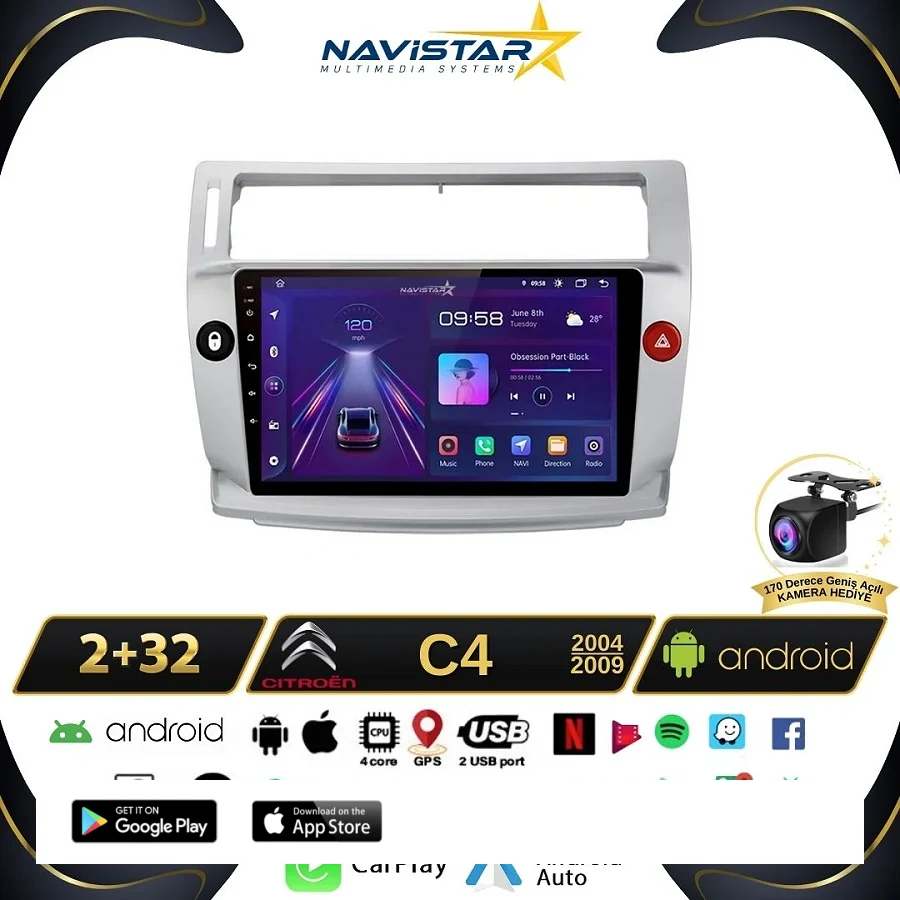 Citroen C4 2004-2009 Model 2GB + 64GB Android 13 Kablosuz Carplay Navigasyon Multimedya Sistemi
