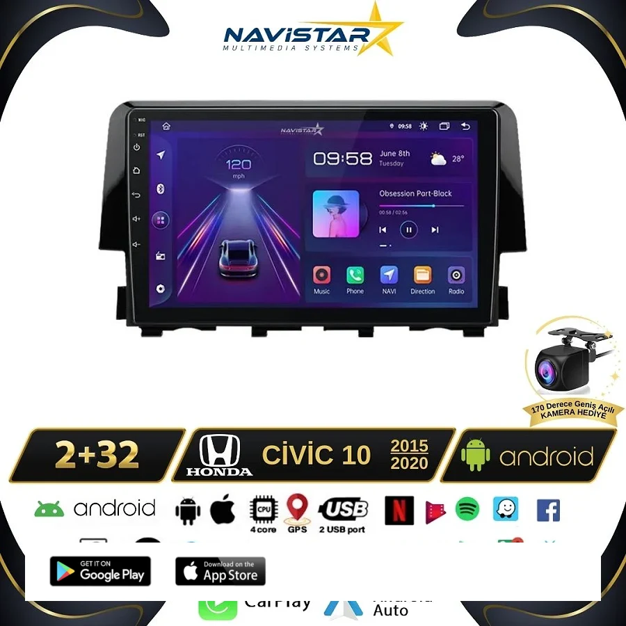 Honda Civic 2+64GB Android 13 Kablosuz Carplay 2015-2020 Navigasyon Multimedya Sistemi