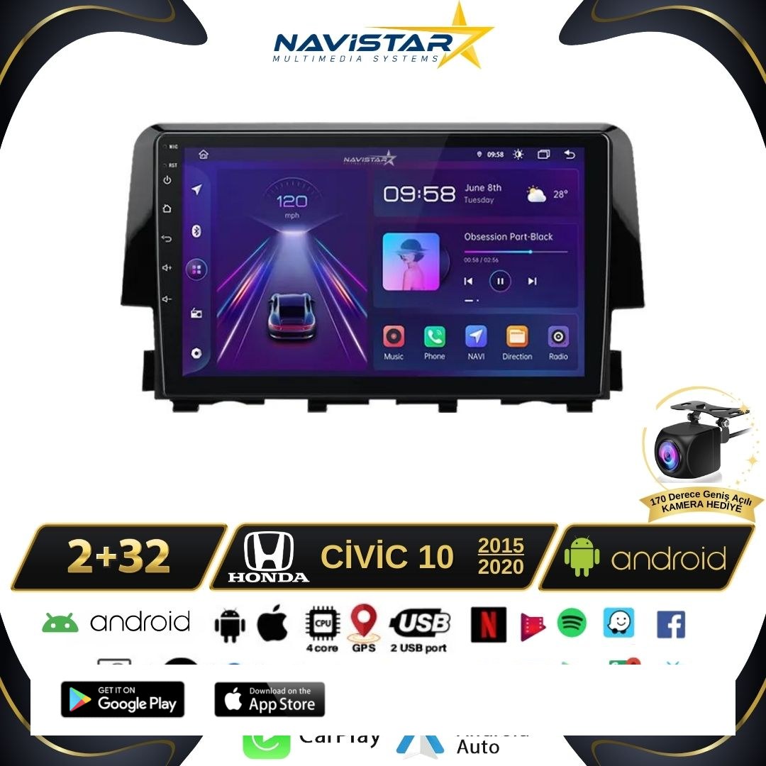 Honda Civic 2+64GB Android 13 Kablosuz Carplay 2015-2020 Navigasyon Multimedya Sistemi