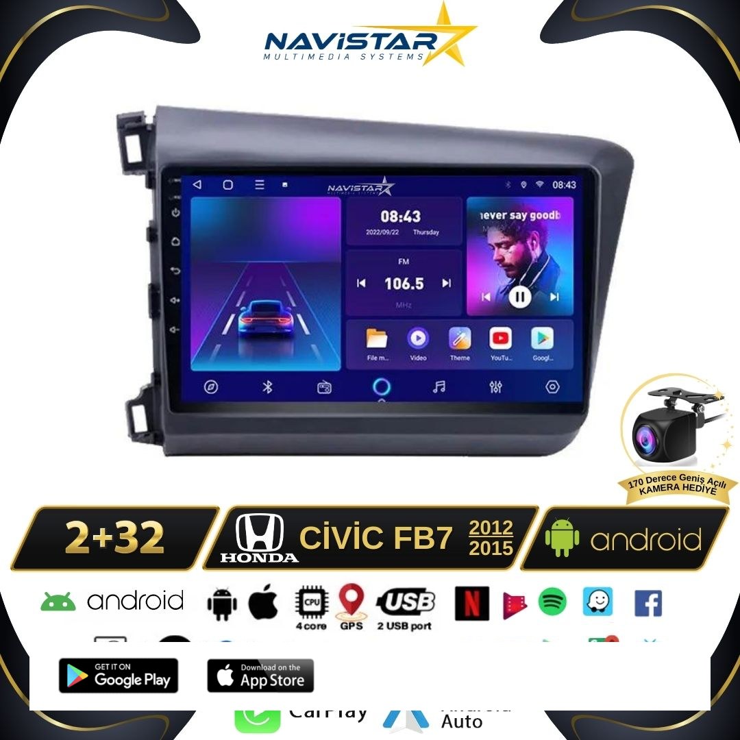 Honda Civic Fb7 2+64GB Android 13 Kablosuz Carplay 2012-2015 Navigasyon Multimedya Sistemi