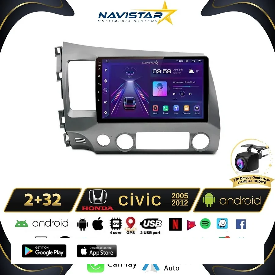Honda Civic 2005-2012 Model 2GB + 64GB Android 13 Kablosuz Carplay Navigasyon Multimedya Sistemi