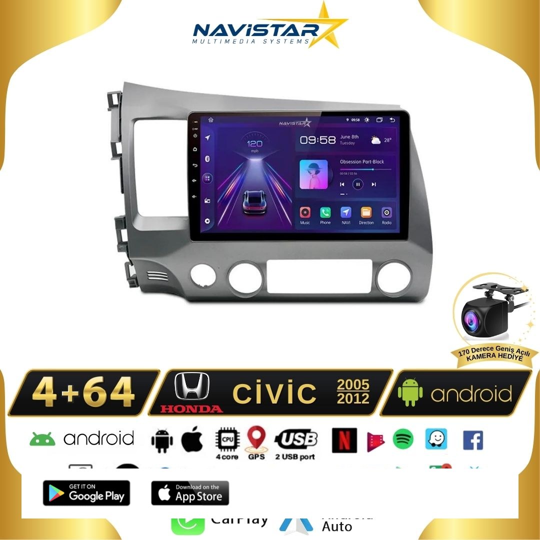 Honda Civic 2005-2012 Model 4GB + 64GB Android 13 Kablosuz Carplay Navigasyon Multimedya Sistemi