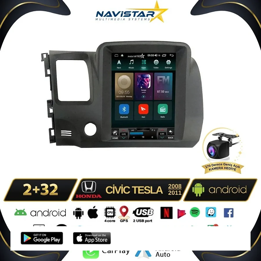 Honda Civic 2005-2012 Tesla Model 2GB + 32GB Kablosuz Carplay Navigasyon Multimedya Sistemi