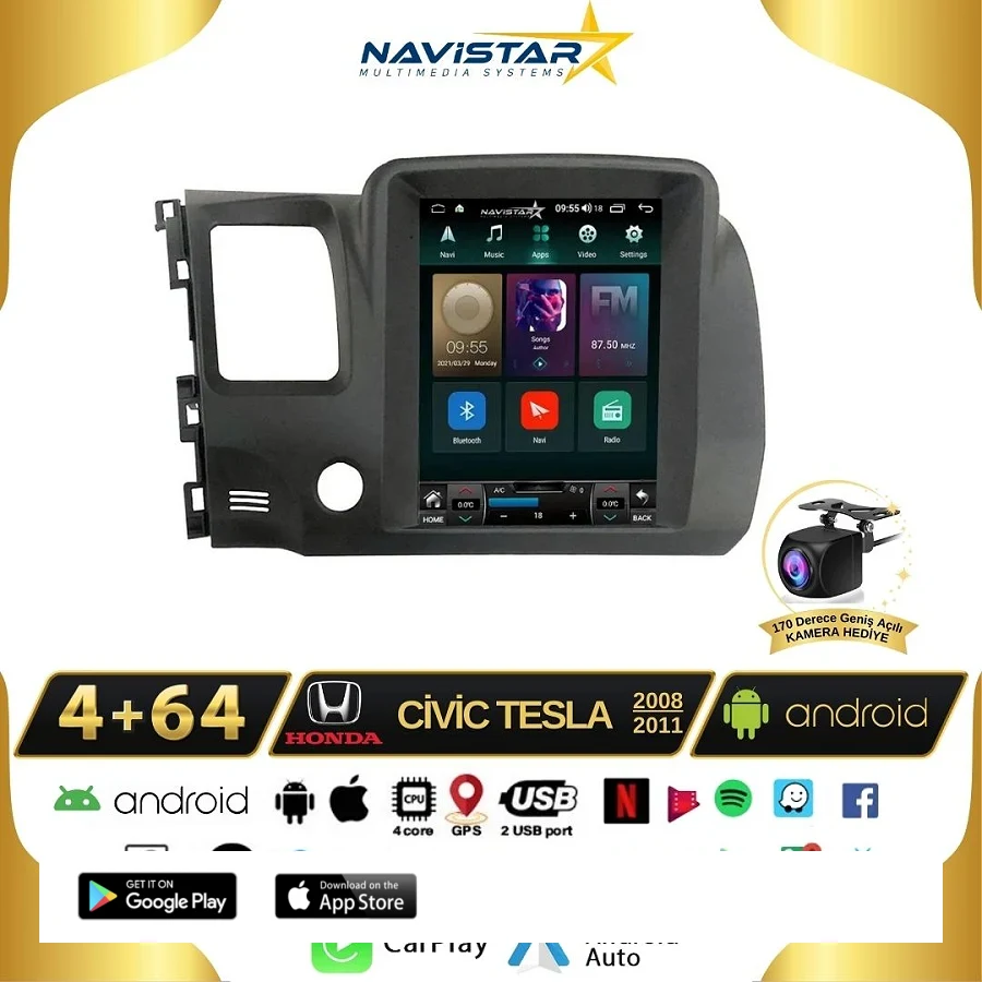 Honda Civic 2005-2012 Tesla Model 4GB + 64GB Kablosuz Carplay Navigasyon Qled Multimedya Sistemi