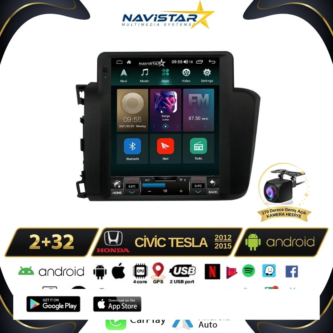 Honda Civic Tesla 2012-2015 Model 2GB + 32GB Kablosuz Carplay Navigasyon Multimedya Sistemi