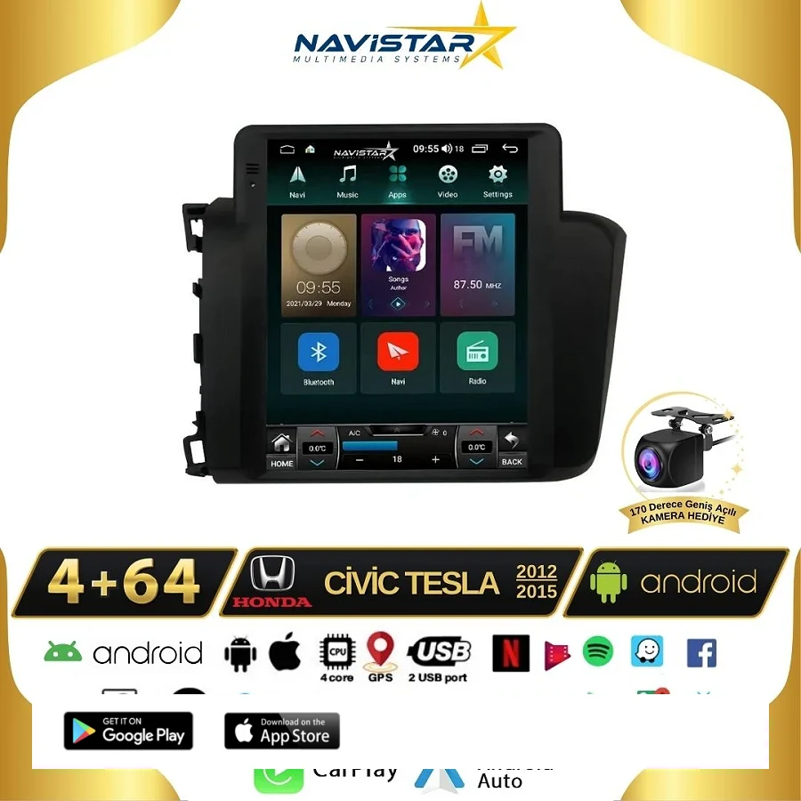 Honda Civic Tesla 4GB + 64GB 2012-2015 Model Kablosuz Carplay Navigasyon Qled Multimedya Sistemi