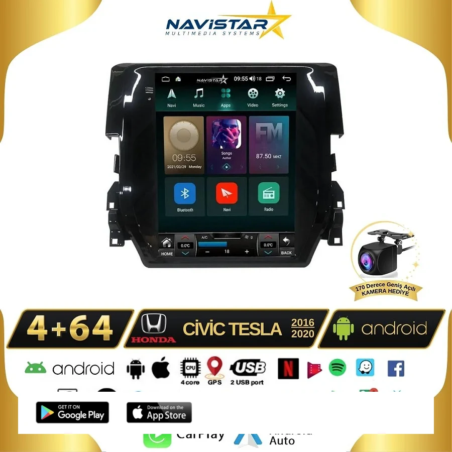 Honda Civic Tesla 4GB + 64GB 2016-2020 Model Kablosuz Carplay Navigasyon Qled Multimedya Sistemi