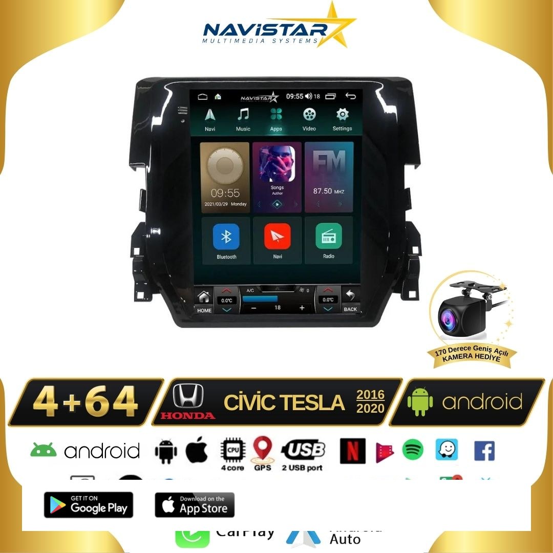 Honda Civic Tesla 4GB + 64GB 2016-2020 Model Kablosuz Carplay Navigasyon Qled Multimedya Sistemi