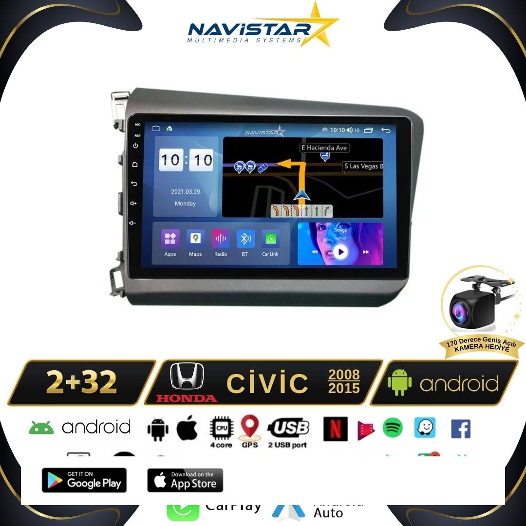Honda Civic  2008-2015 Model 2GB + 64GB Android 13 Kablosuz Carplay Navigasyon Multimedya Sistemi
