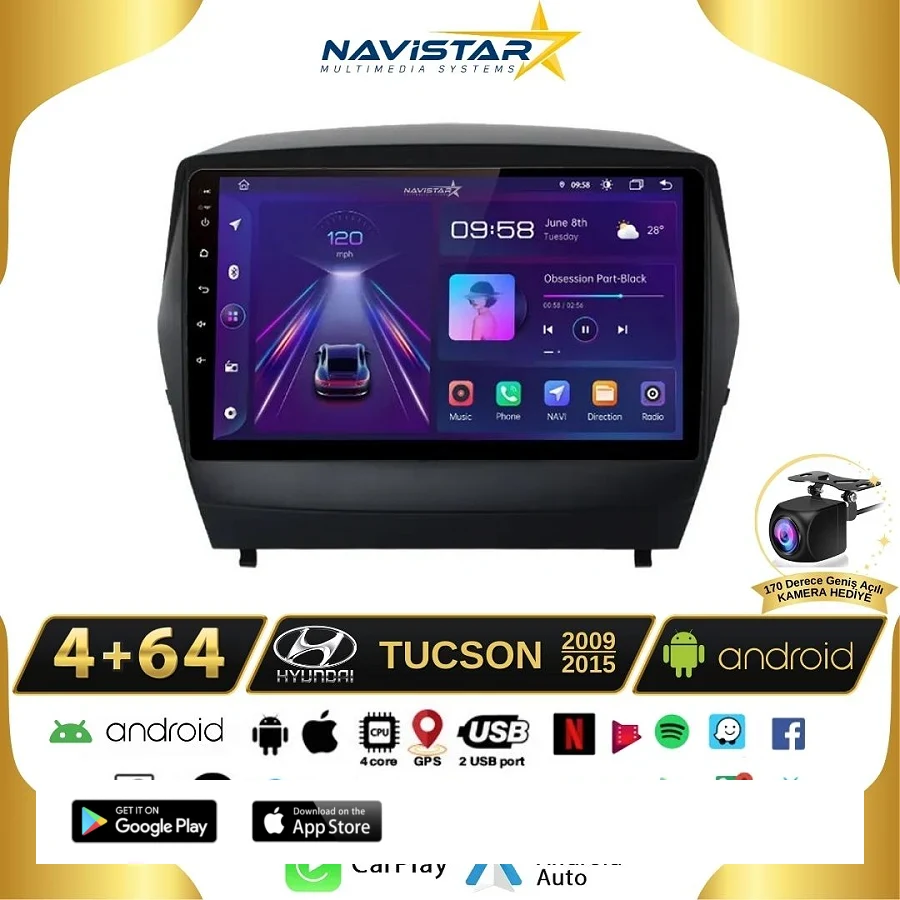 Hyundai Tucson 4GB + 64GB Kablosuz Carplay 2009-2015 Android 13 Navigasyon Multimedya Sistemi