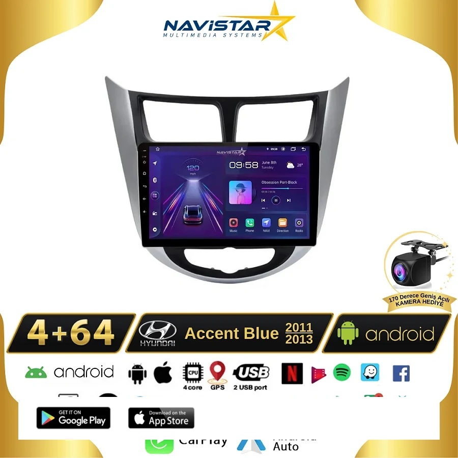 Hyundai  Accent Blue 2011-2013 Model 4GB + 64GB Android 13 Kablosuz Carplay Navigasyon Multimedya Sistemi