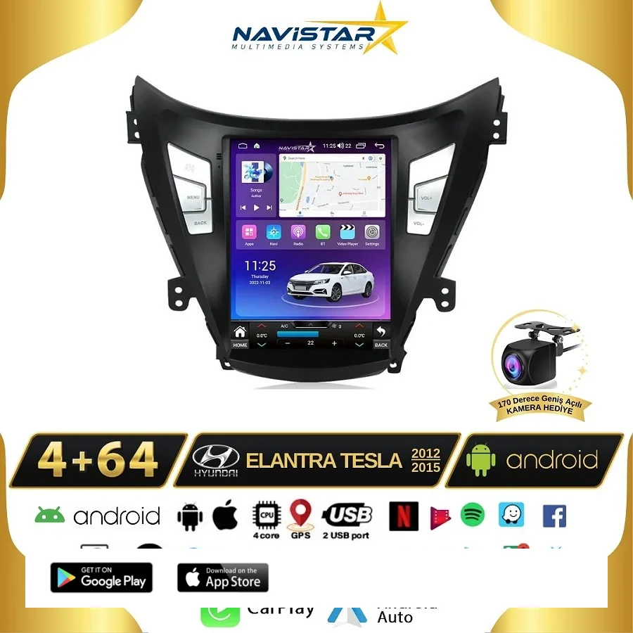 Hyundai Elantra Tesla 4GB + 64GB 2012-2015 Model Kablosuz Carplay Navigasyon Qled Multimedya Sistemi