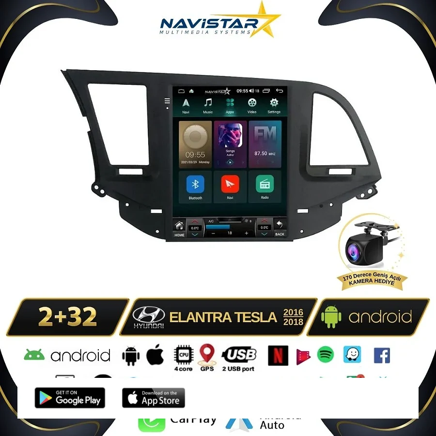 Hyundai Elantra Tesla 2016-2018 Model 2GB + 32GB Kablosuz Carplay Navigasyon Multimedya Sistemi