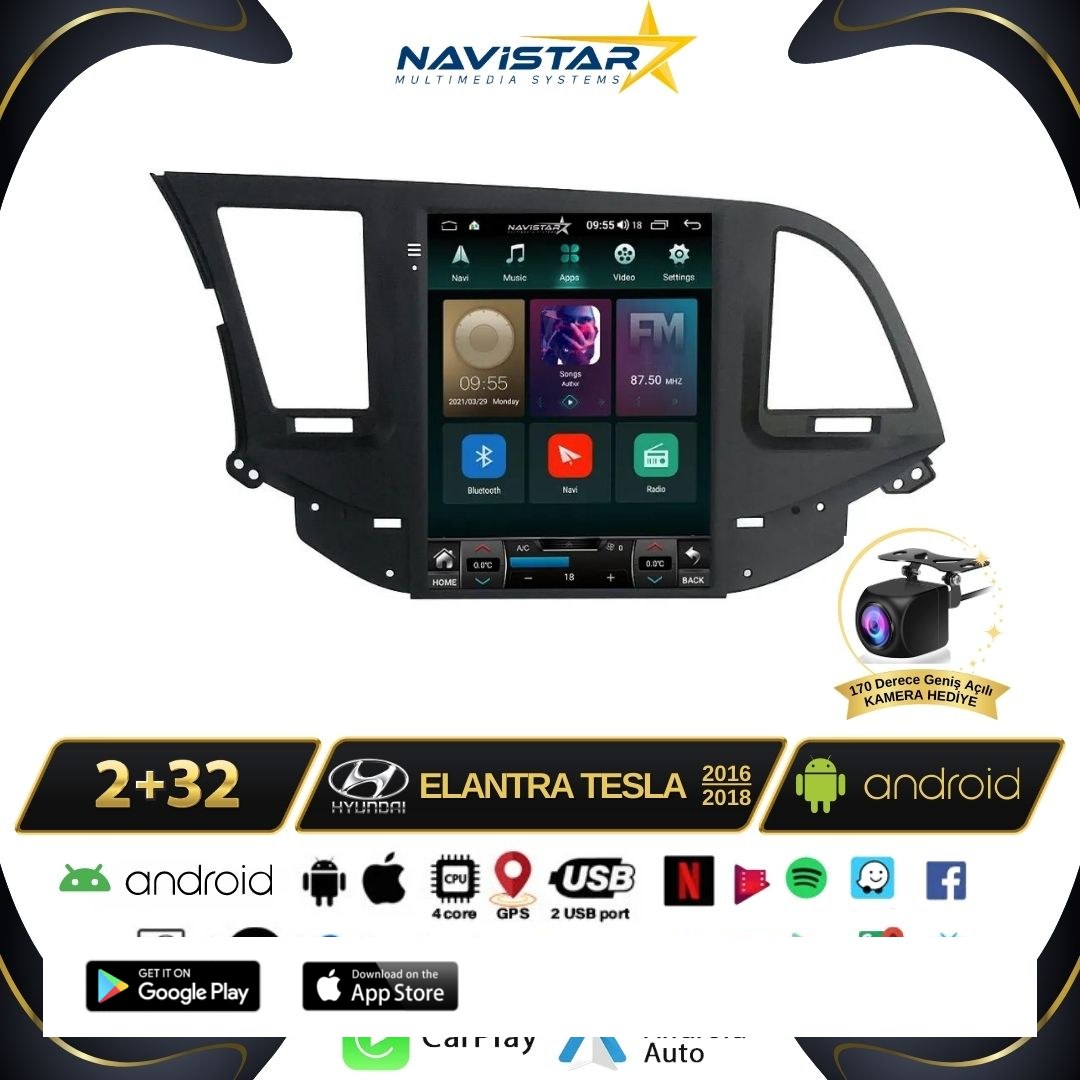 Hyundai Elantra Tesla 2016-2018 Model 2GB + 32GB Kablosuz Carplay Navigasyon Multimedya Sistemi