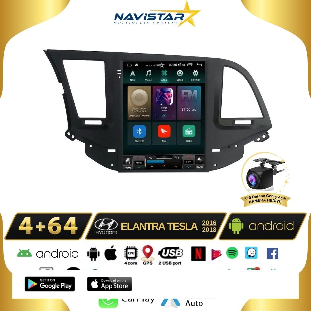 Hyundai Elantra Tesla 4GB + 64GB 2016-2018 Model Kablosuz Carplay Navigasyon Qled Multimedya Sistemi