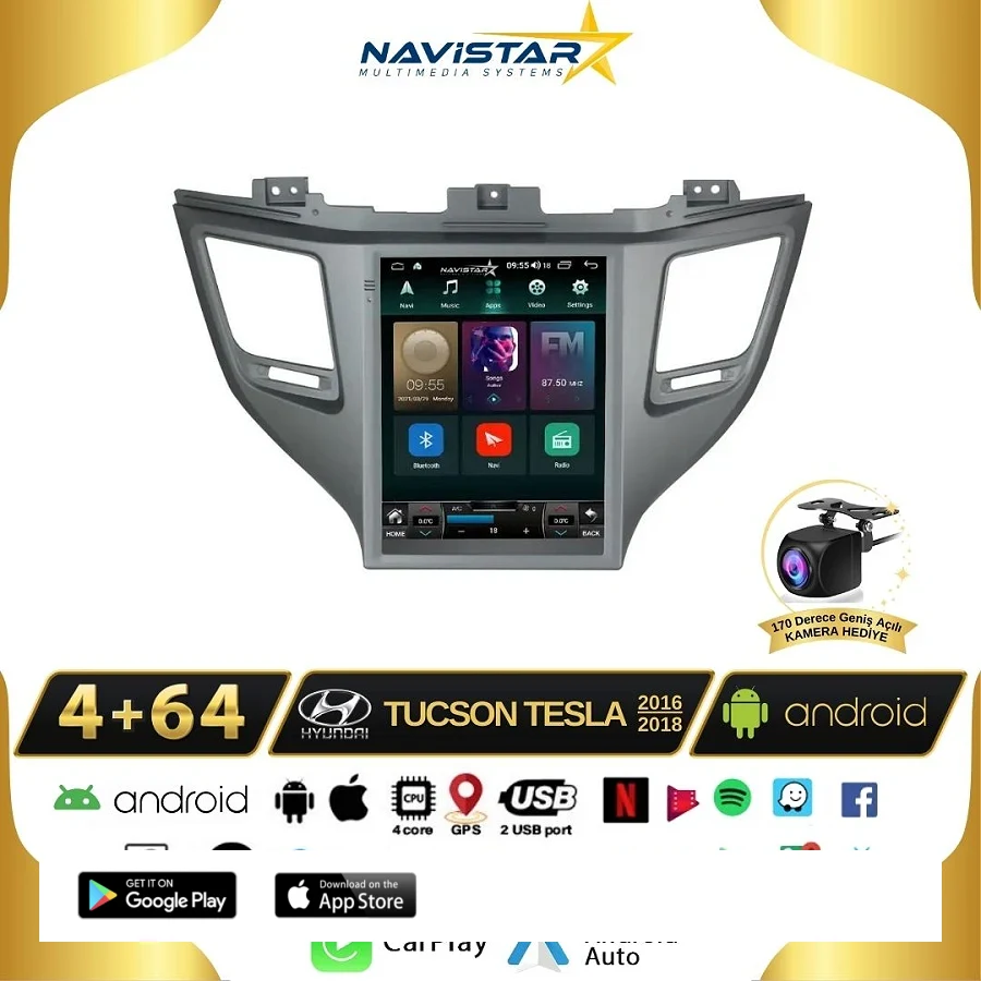 Hyundai Tucson Tesla 4GB + 64GB 2016-2018 Model Kablosuz Carplay Navigasyon Qled Multimedya Sistemi