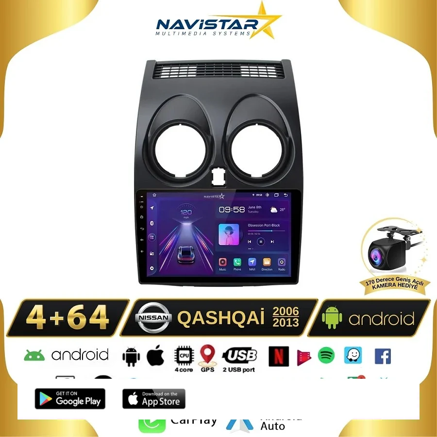 Nissan Qashqai Kablosuz Carplay 4GB + 64GB Android 13 2006-2013 Navigasyon Multimedya Sistemi
