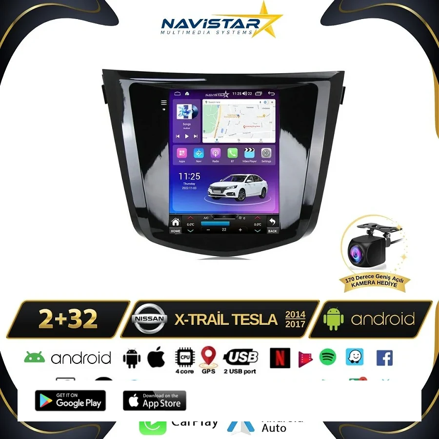 Nissan XTrail Tesla 2014-2017 Model 2GB + 32GB Kablosuz Carplay Navigasyon Multimedya Sistemi