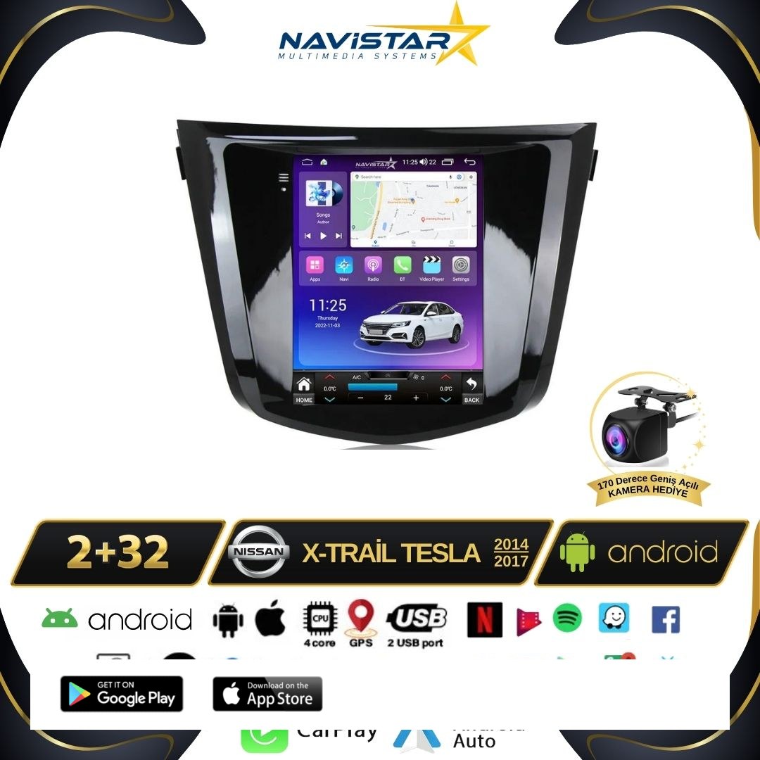 Nissan XTrail Tesla 2014-2017 Model 2GB + 32GB Kablosuz Carplay Navigasyon Multimedya Sistemi