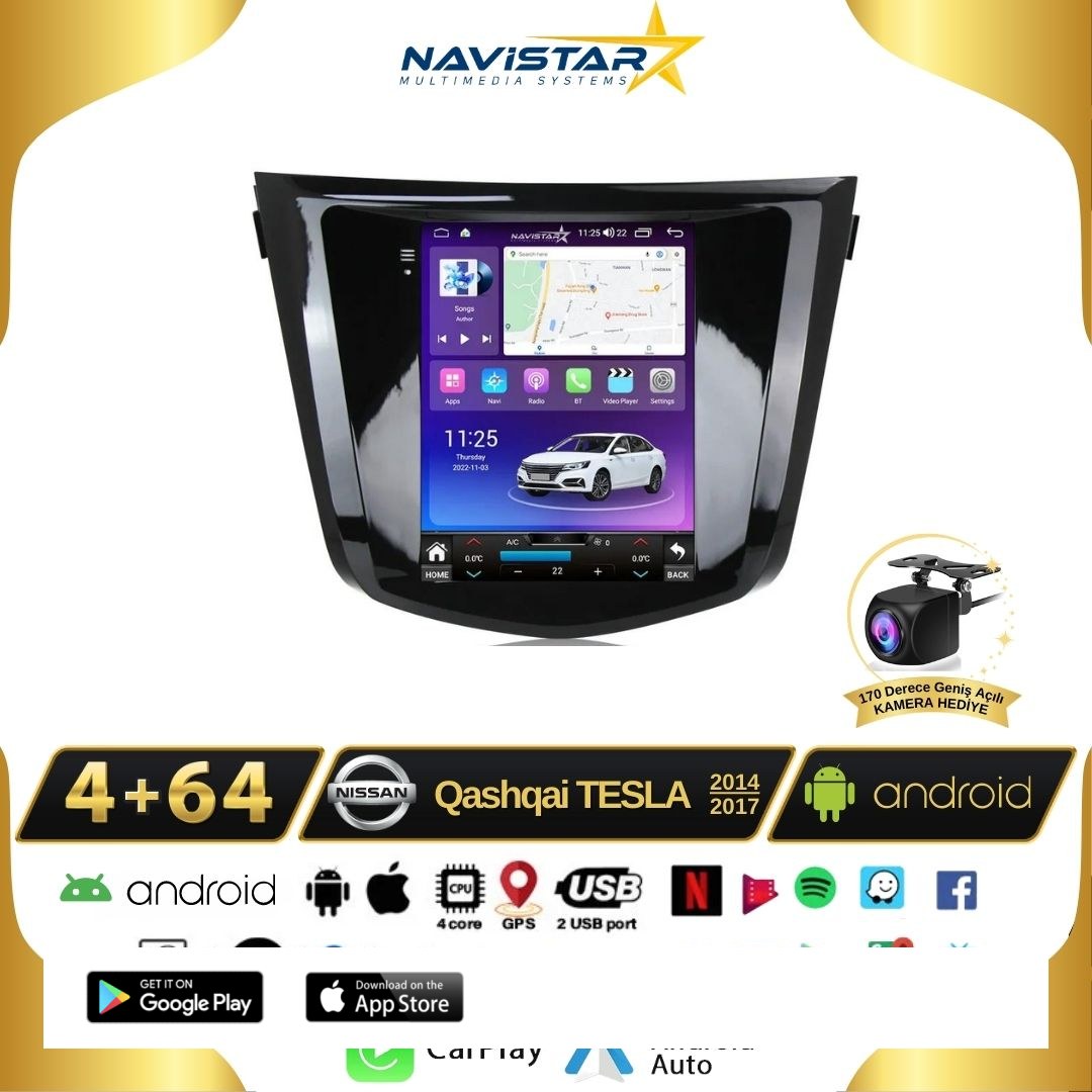 Nissan Qashqai Tesla 4GB + 64GB 2014-2017 Model Android 13 Kablosuz Carplay Navigasyon Multimedya Sistemi