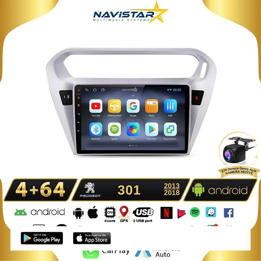 Peugeot 301 4GB + 64GB Kablosuz Carplay 2013-2018 Android 13 Navigasyon Multimedya Sistemi
